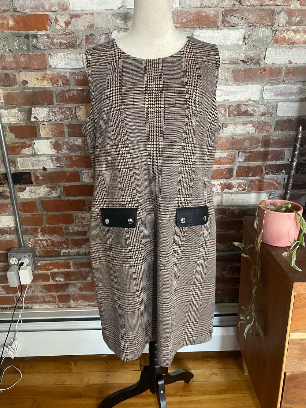 Tommy Hilfiger Plaid Shift Dress with Faux Leather Trim Size 14